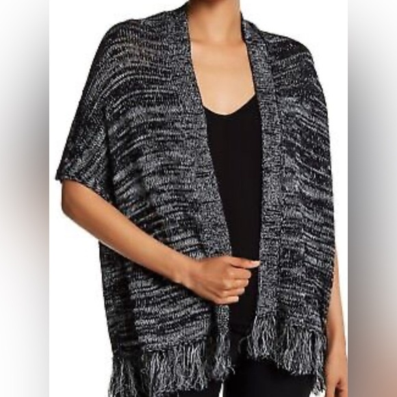 JOIE SONA GRAY BLACK VARIEGATED BOXY FRINGE KIMONO CARDIGAN SWEATER WOMENS XS - Picture 1 of 7